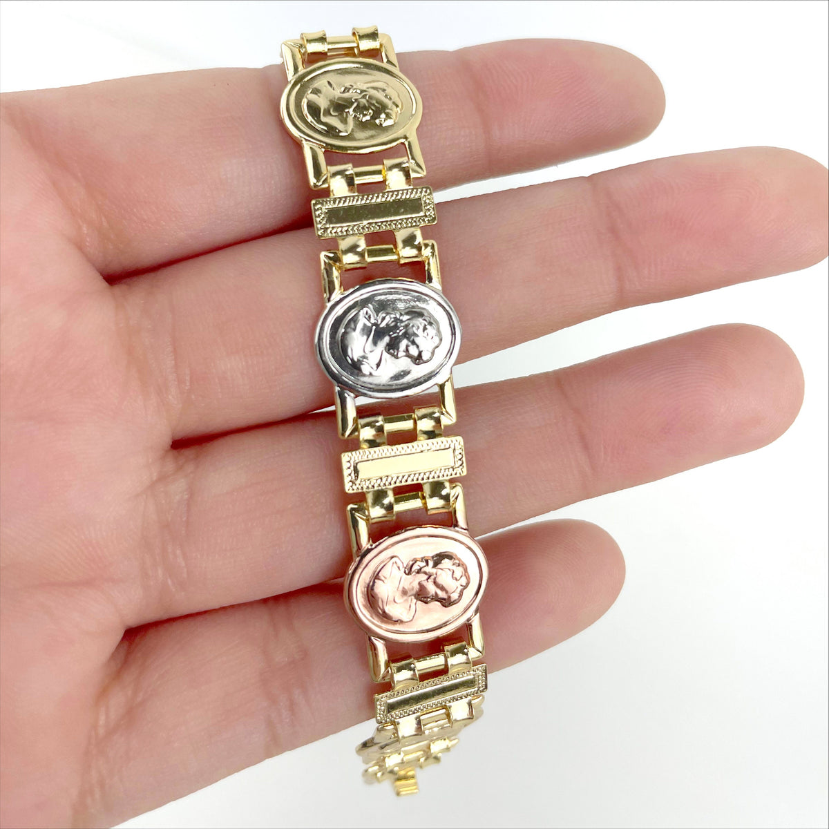 18k Gold Filled Three Tone Woman Face, Cameo Medal Vintage Style Linked Bracelet, Wholesale Jewelry Making Supplies