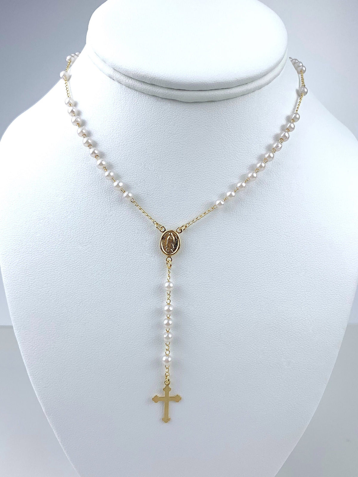 18k Gold Filled Beaded Simulated Pearl Our Lady of Guadalupe Rosary Necklace, Religious Jewelry, Wholesale Jewelry Making Supplies