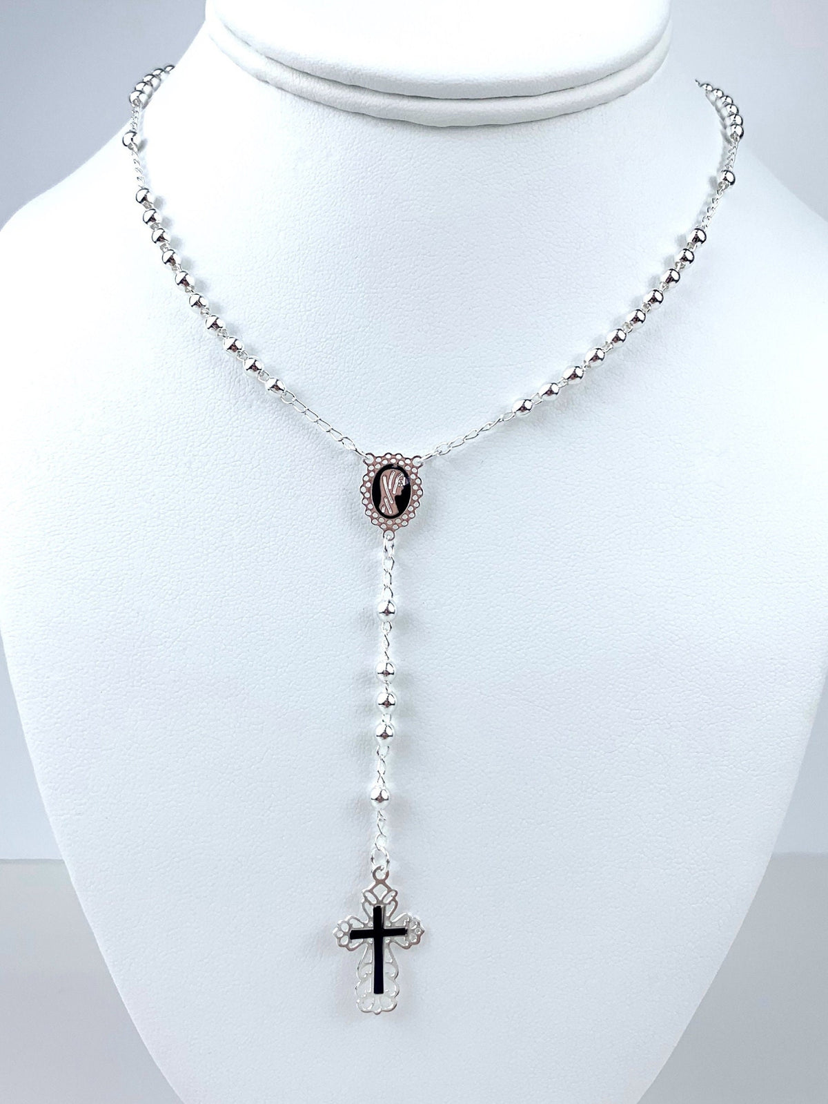 Silver Filled Beaded Chain Virgin Mary, Ave Maria Rosary Necklace, Lace Style & Black Details, Religious Jewelry, Wholesale Jewelry Supplies