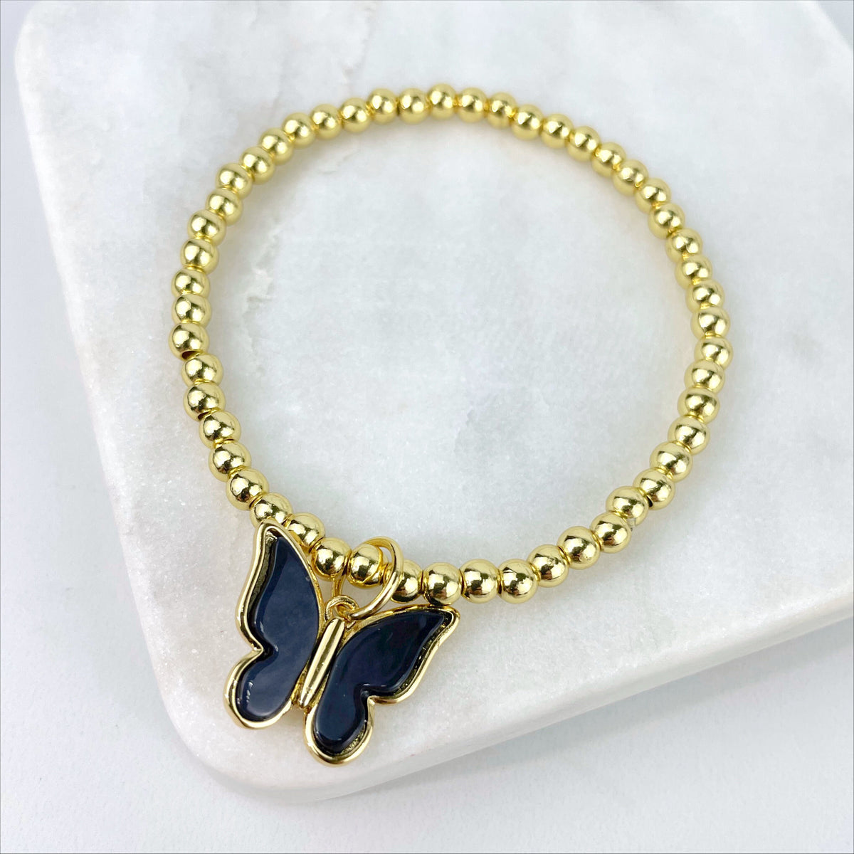 18k Gold Filled 4mm Beads Beaded Bracelet with Black Butterfly Charms Bracelet, Wholesale Jewelry Making Supplies