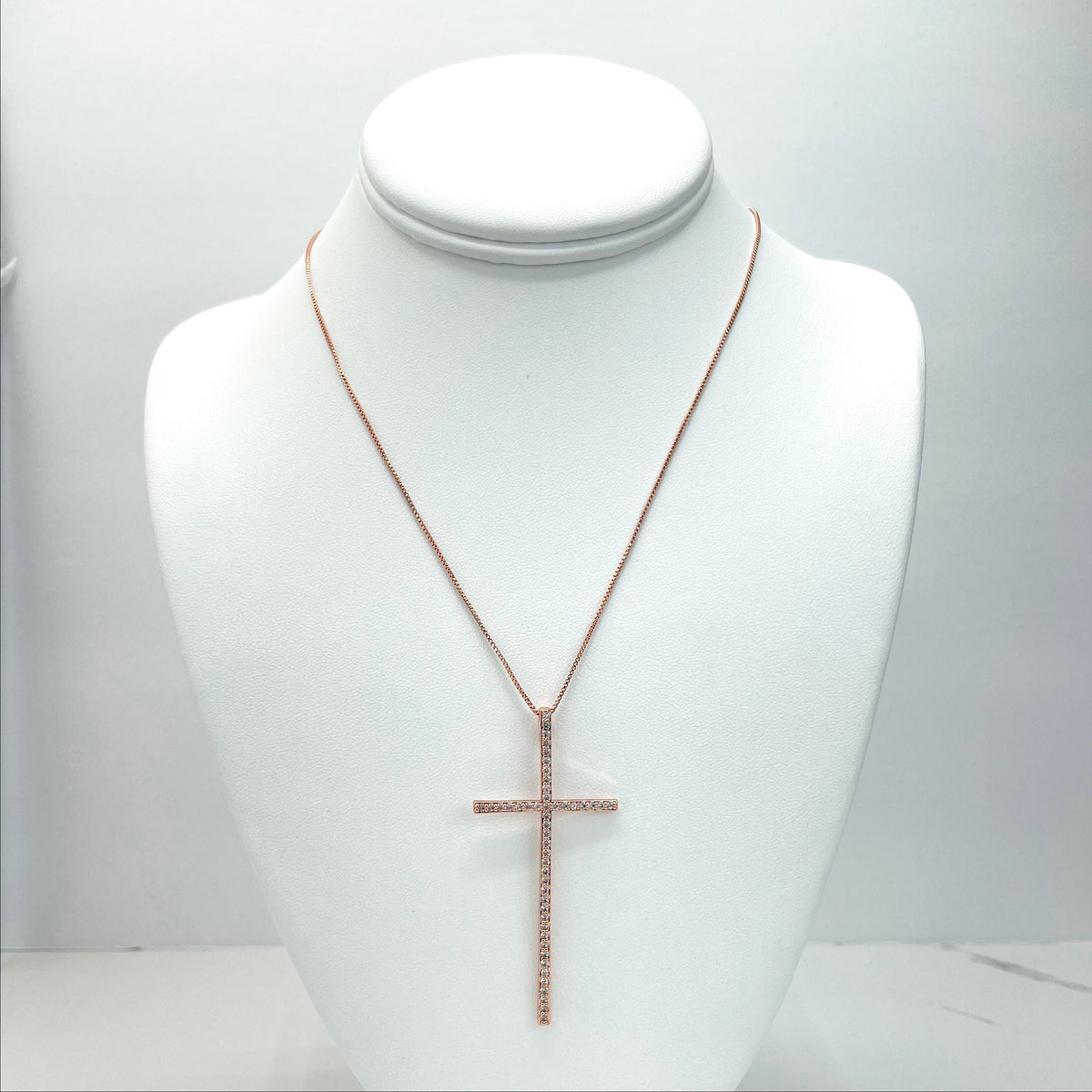 18k Rose Gold Filled 1mm Box Chain Necklace with Sparkling Cross Pendant Wholesale Jewelry Making Supplies