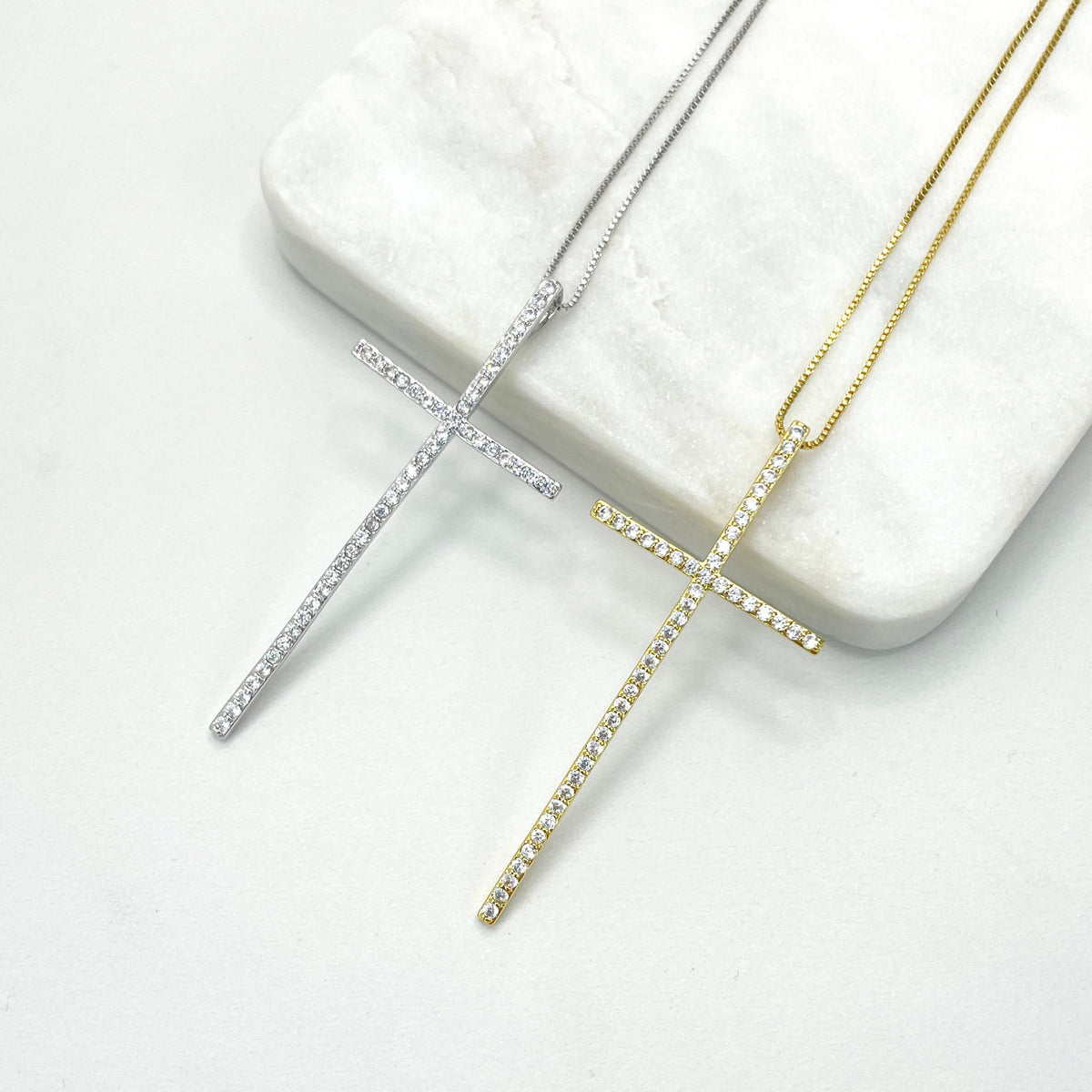 18k Gold Filled or Silver Filled 1mm Box Chain Necklace with Clear Cubic Zirconia Sparkling Cross Pendant, Wholesale Jewelry Making Supplies
