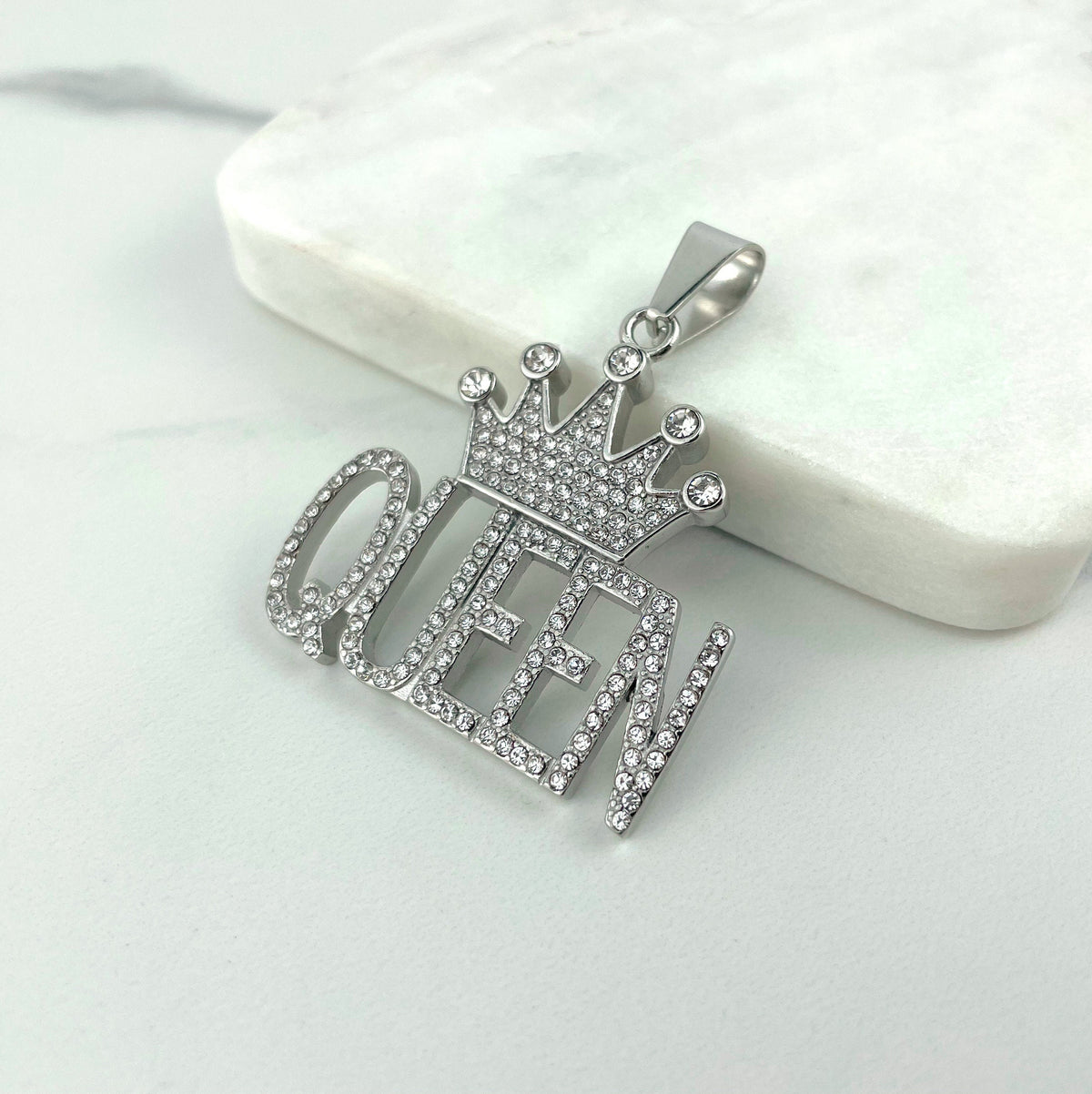 Gold Plated On Stainless Steel Cubic Zirconia Queen with Crown Pendant, Gold or Silver, Hip Hop, Wholesale Jewelry Making Supplies