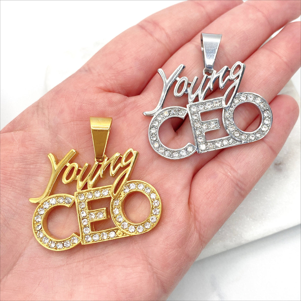 Stainless Steal, Cubic Zirconia ''Young CEO'' Charms Pendant, Gold or Silver, Wholesale Jewelry Making Supplies