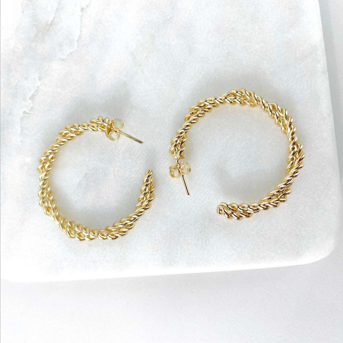 18k Gold Filled 25mm or 33mm Twisted Hoop Earrings, C-Hoop, Push Back Closure, Wholesale Jewelry Supplies