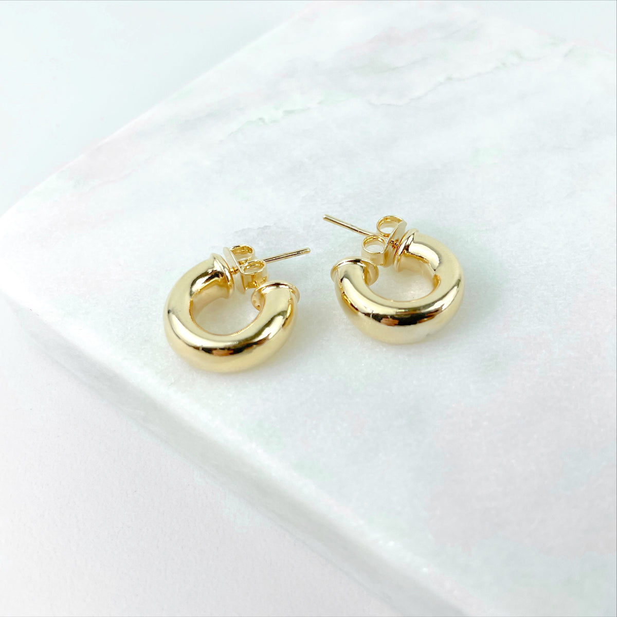 18k Gold Filled 15mm Donut Tubular Open, C-Hoop, Push Back Closure, Wholesale Jewelry Supplies