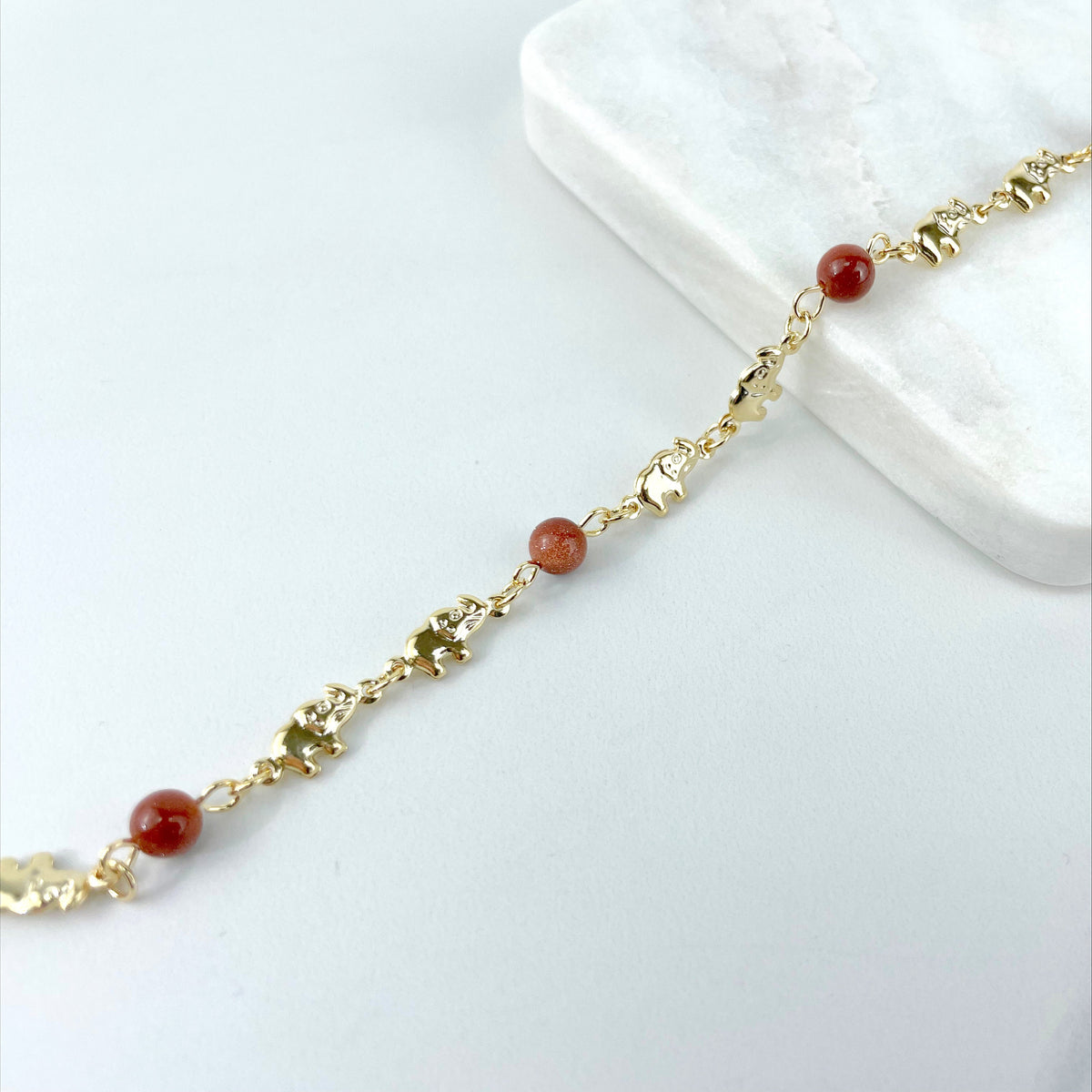 18k Gold Filled Elephants & Venturina Linked Bracelet, Lucky Protection Jewelry, Wholesale Jewelry Making Supplies