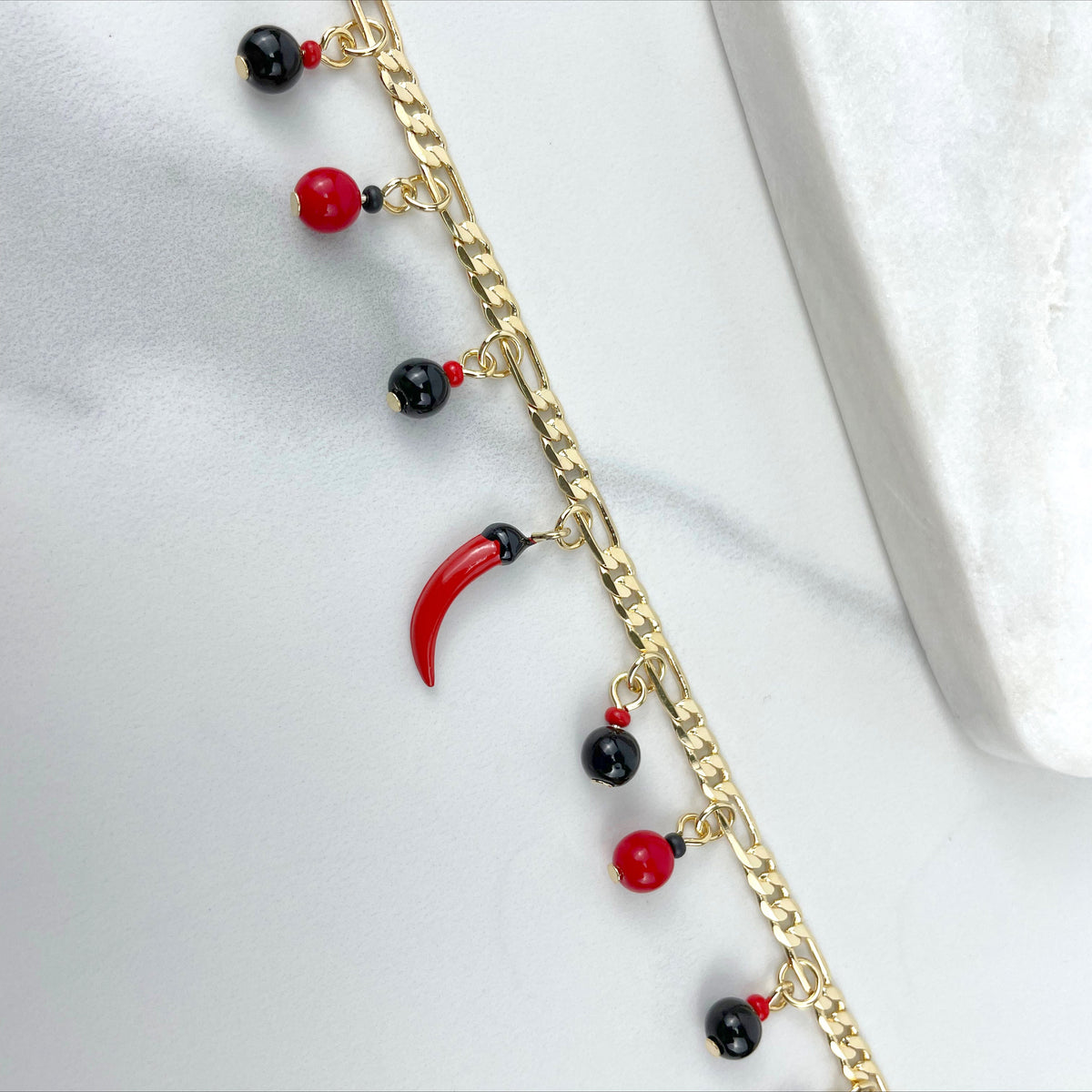 18k Gold Filled Flat Figaro Link 5mm, Black and Red Beads, Red Chili Charms Bracelet, Lucky & Protection, Wholesale Jewelry Making Supplies