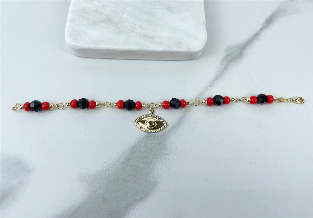 18k Gold Filled Black, Red & Gold Beads, Simulated Azabache, Evil Eye Charms Bracelet Wholesale Jewelry Making Supplies