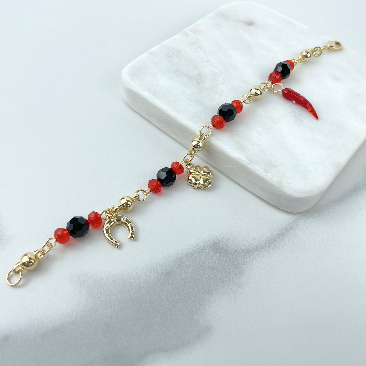 18k Gold Filled Black, Red and Gold Beads, Simulated Azabache, Clover, Horseshoe, Chili Charms Bracelet Wholesale Jewelry Making Supplies