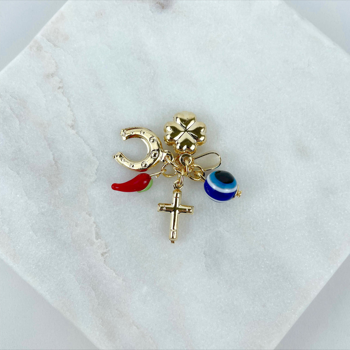 18k Gold Filled Clover, Evil Eyes, Horseshoe, Red Chili & Cross Charms, Lucky Protection, Wholesale Jewelry Making Supplies