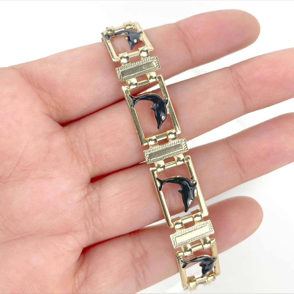 18k Gold Filled Rectangular Cutout Links with Black Enamel Dolphins, Linked Bracelet, Wholesale Jewelry Making Supplies