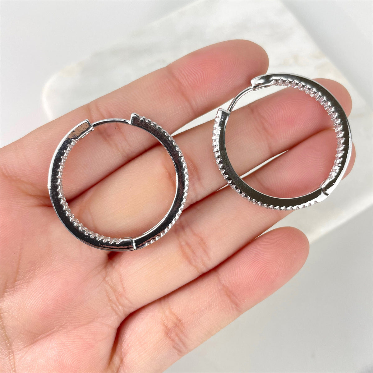 Silver Filled 30mm Clear Micro Pave Cubic Zirconia Hoop Huggie Earrings, Minimalist Jewelry, Wholesale Jewelry Making Supplies