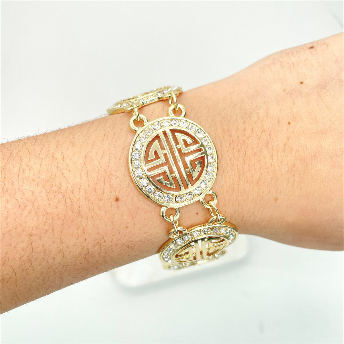18k Gold Plated Cubic Zirconia Chinese Four Blessing Symbol Bracelet, Spring Clasp Wholesale Jewelry Making Supplies