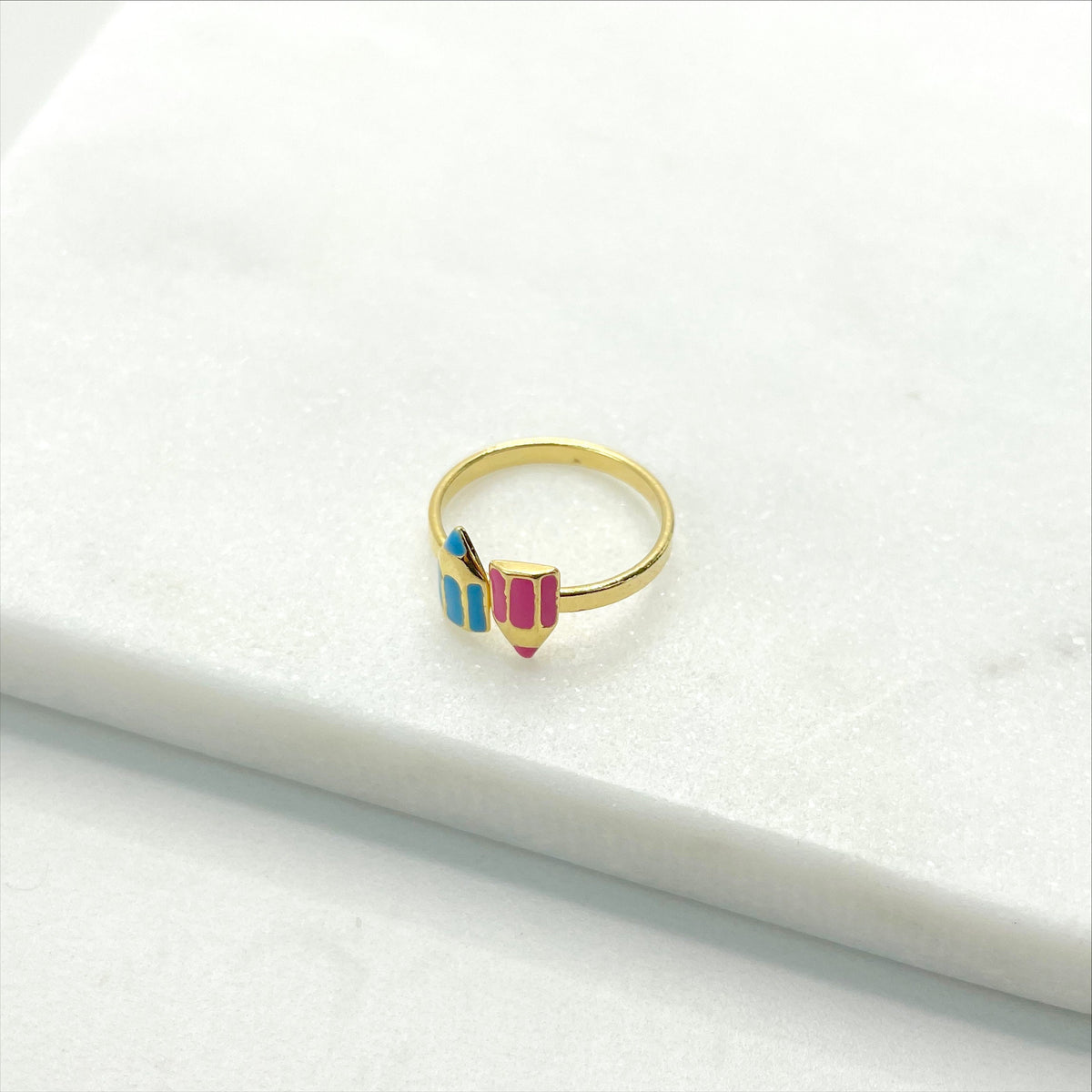 18k Gold Filled Pink & Blue Enamel Crayons Ring for Kids Children Toddler Wholesale Jewelry Making Supplies