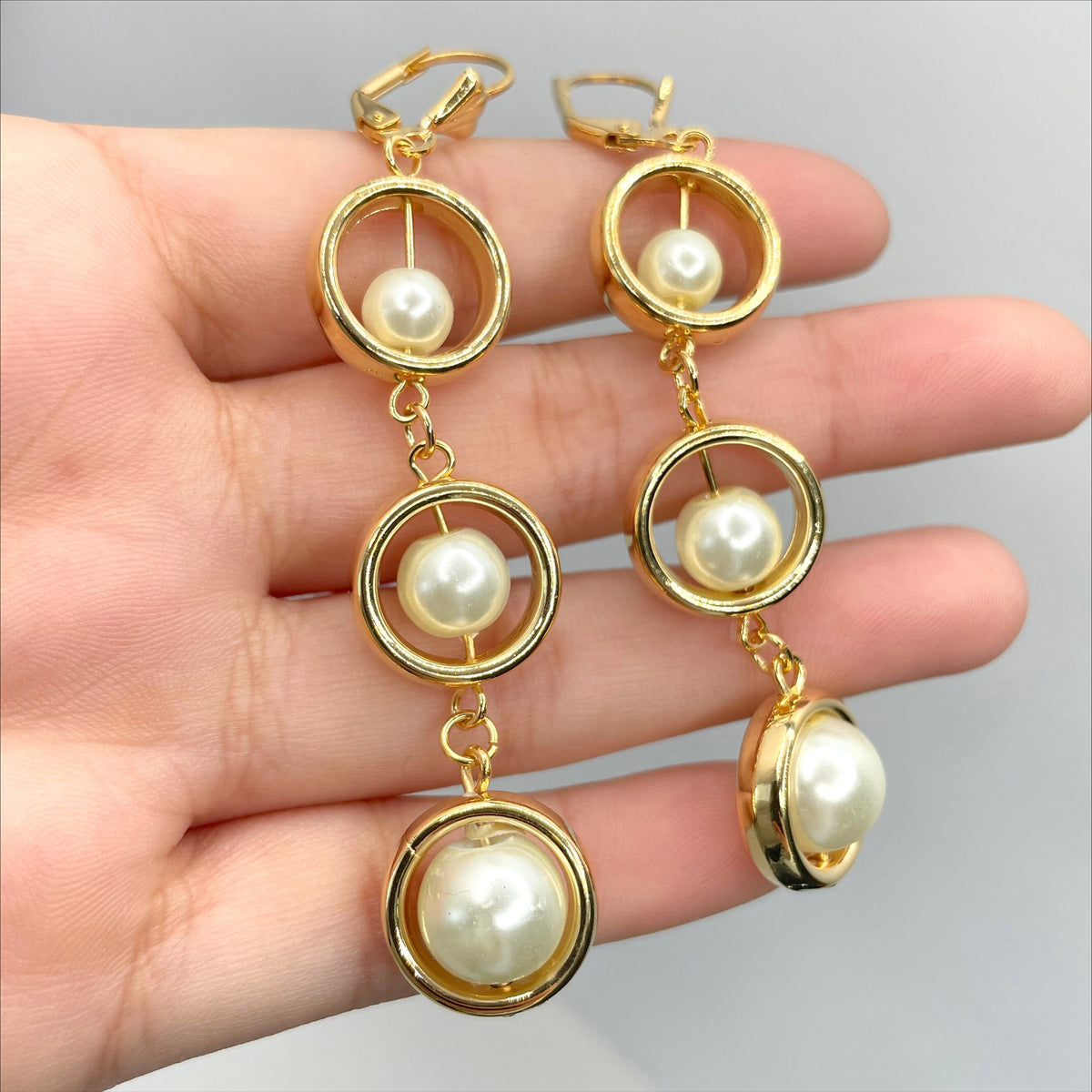 18k Gold Filled 77mm Dangle Drop Earrings with Simulated Pearls Balls Wholesale Jewelry Making Supplies