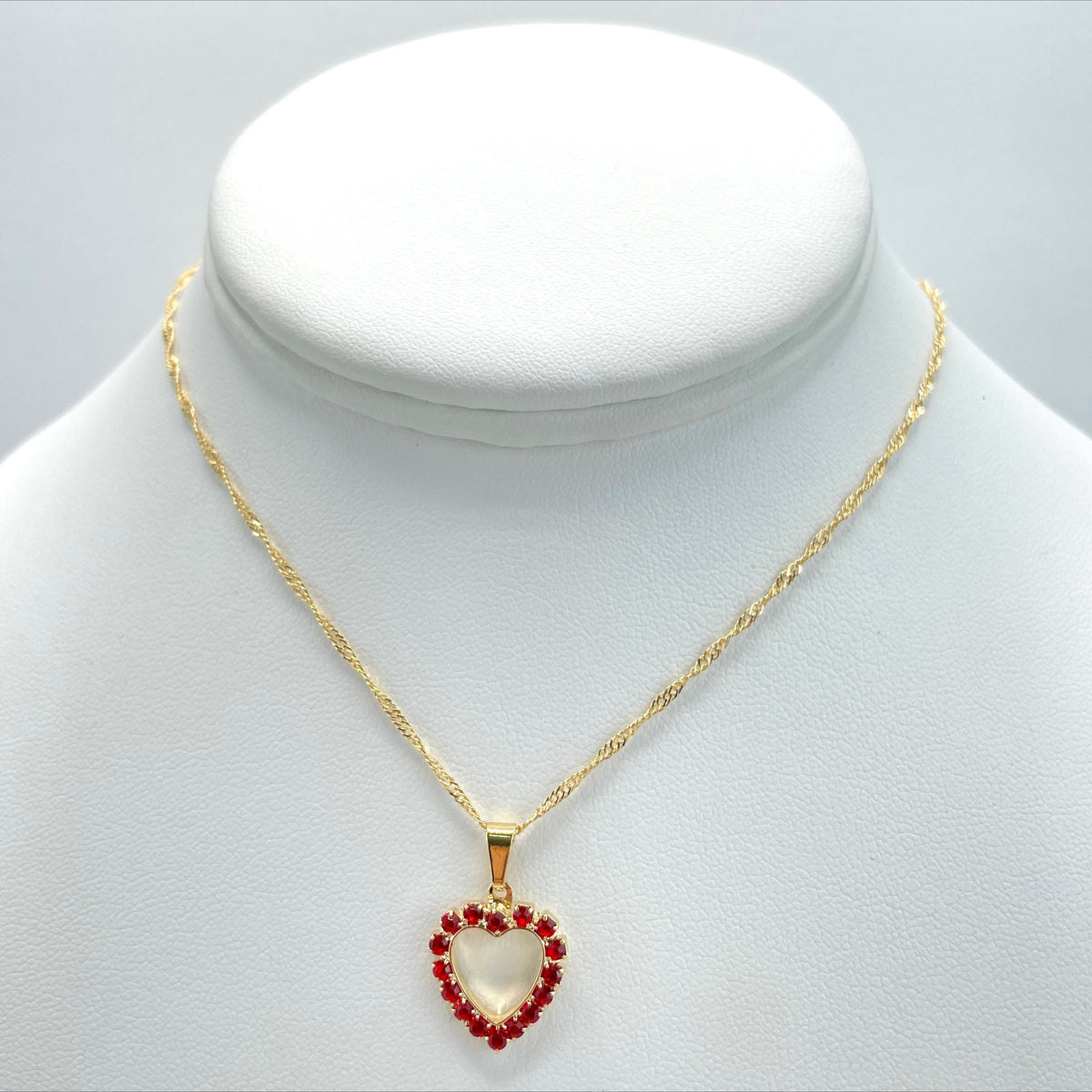 18k Gold Filled 1mm Singapore Necklace with Cubic Zirconia White, Red or Black Heart Charms, Necklace & Earrings Set Wholesale Jewelry