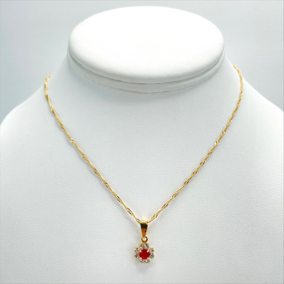18k Gold Filled 1mm Singapore Chain with Cubic Zirconia White, Red or Black Flower Shape Charms, Necklace & Earrings Set Wholesale Jewelry