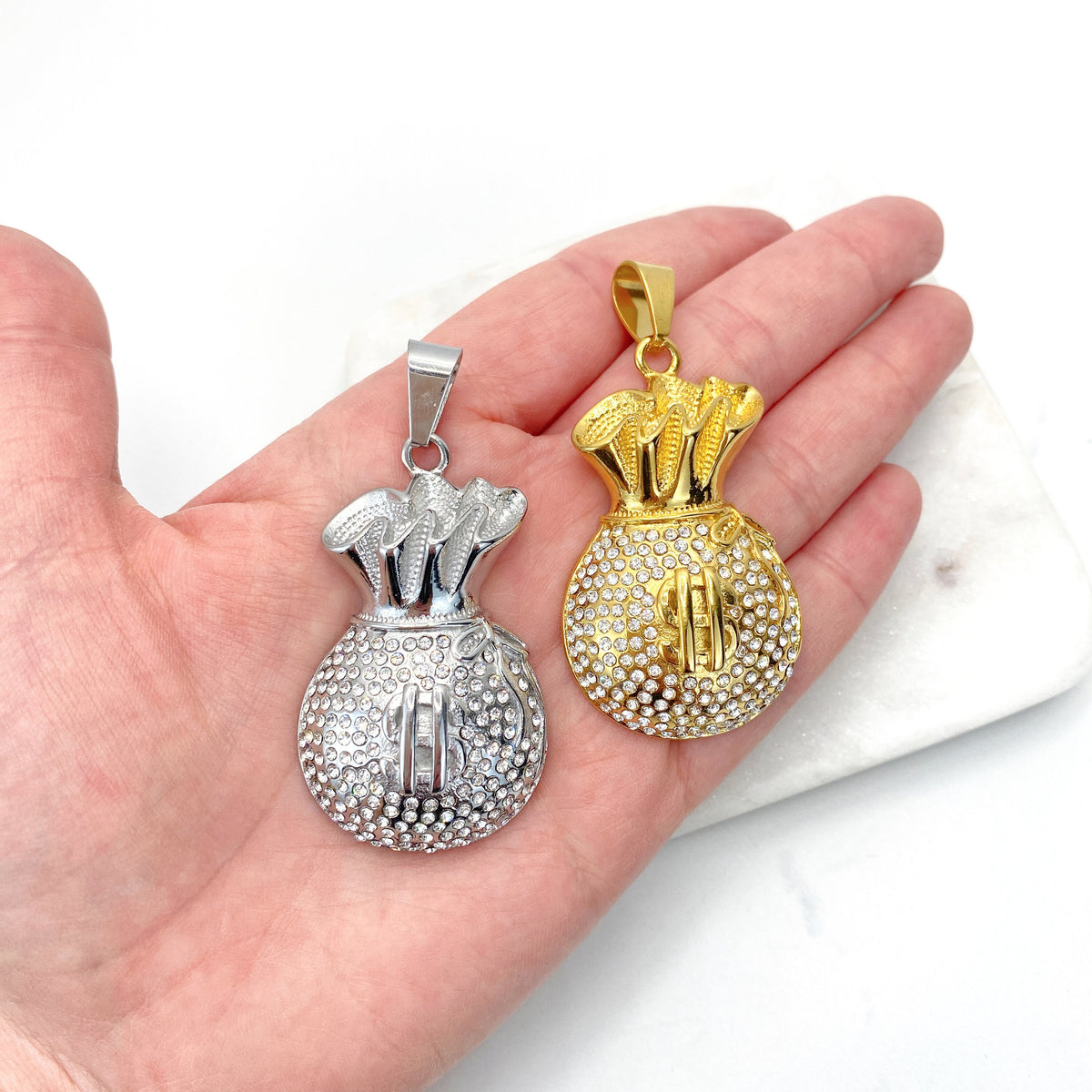 Stainless Steal, Cubic Zirconia ''Bag of Money'' Charms Pendant, Gold or Silver, Wholesale Jewelry Making Supplies