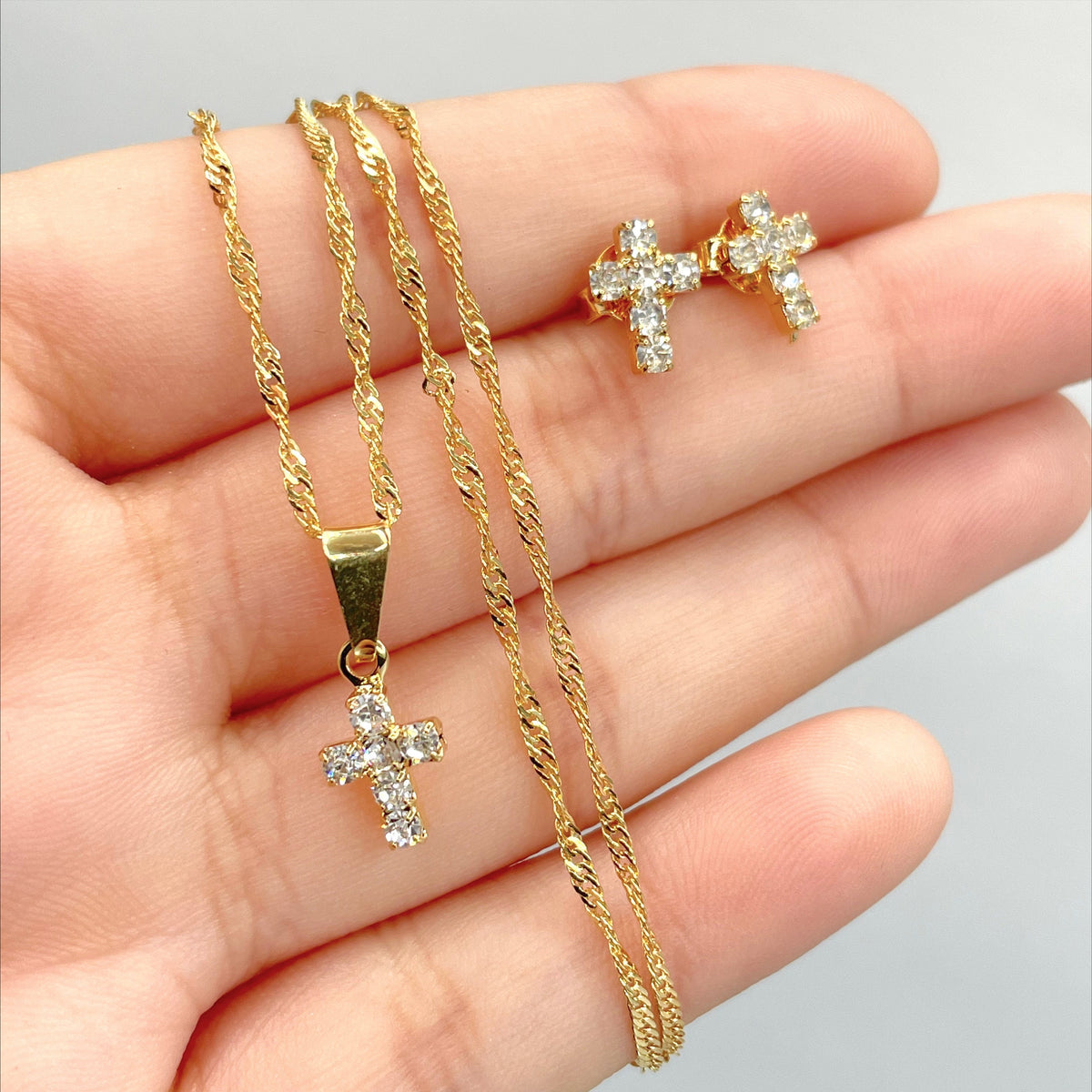 18k Gold Filled 1mm Singapore Necklace with Cubic Zirconia Cross Charms, Necklace and Earrings Set, Wholesale Jewelry Making Supplies