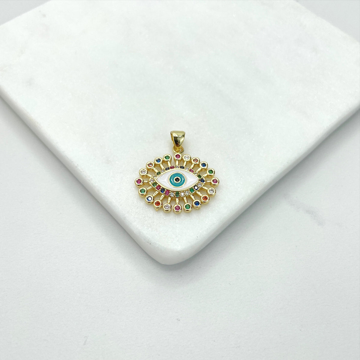 18k Gold Filled Colored Enamel & Cubic Zirconia Evil Eyes, 15mm Earrings and 23mm Pendant Charms Wholesale Jewelry Making Supplies