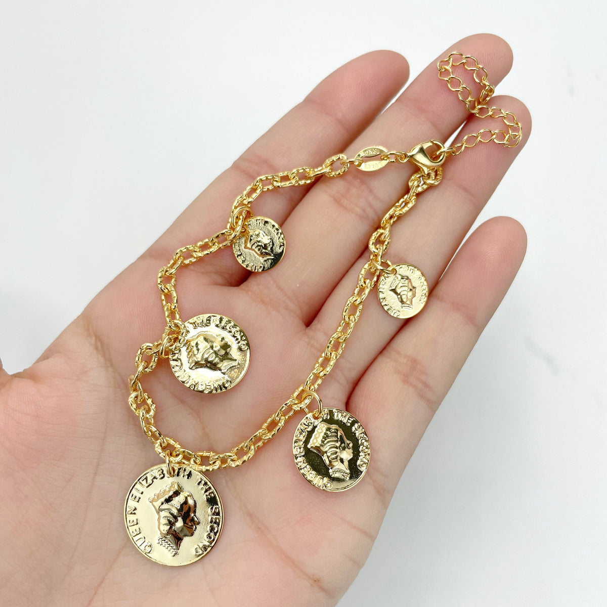 18k Gold Filled 4mm Oval Link, Queen Woman Crown, Queen Elizabeth Coins Charms Bracelet Wholesale Jewelry Making Supplies
