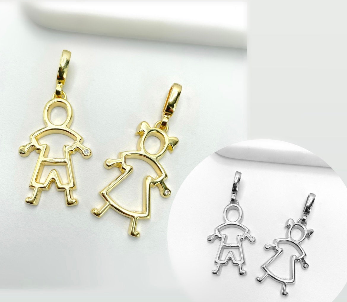 18k Gold Filled Cubic Zirconia Details Boy or Girl Shape Pendant Charms, Mother Son Daughter Kids Pendant, Wholesale Jewelry Making Supplies