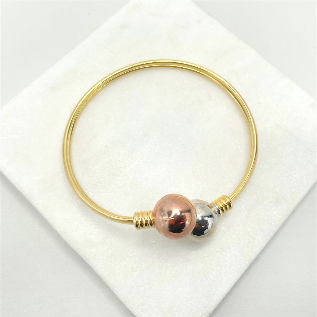 18k Gold Filled Three Tone, Tri-Color Wrist Cuff Bangle with Two Toned Balls, Wholesale Jewelry Making Supplies
