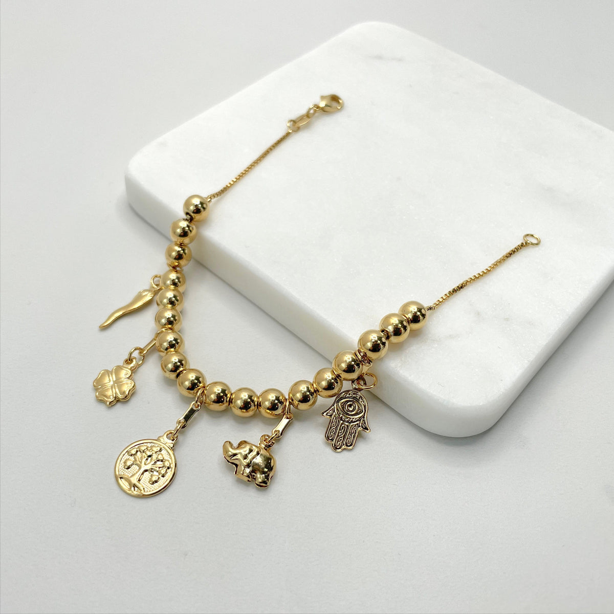 18k Gold Filled Box Chain Beads Hamsa Hand, Elephant, Tree Life, Clover, Chili Charms Lucky & Protection Bracelet Wholesale Jewelry Supplies