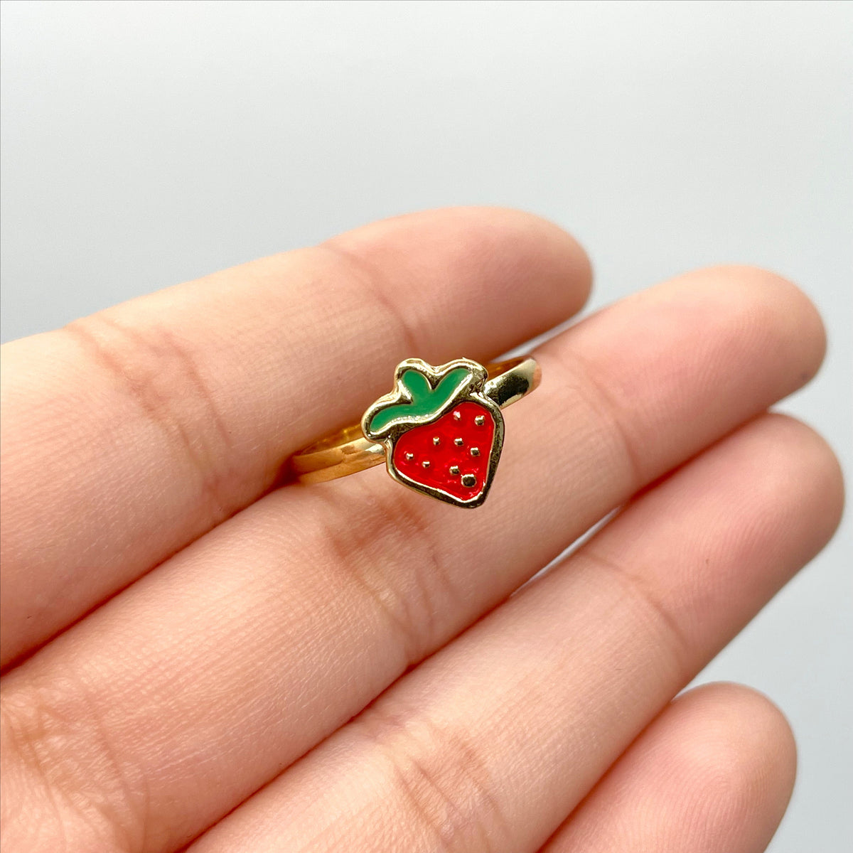 18k Gold Filled Enamel Colored Strawberry Rings for Kids Children Toddler Wholesale Jewelry Making Supplies