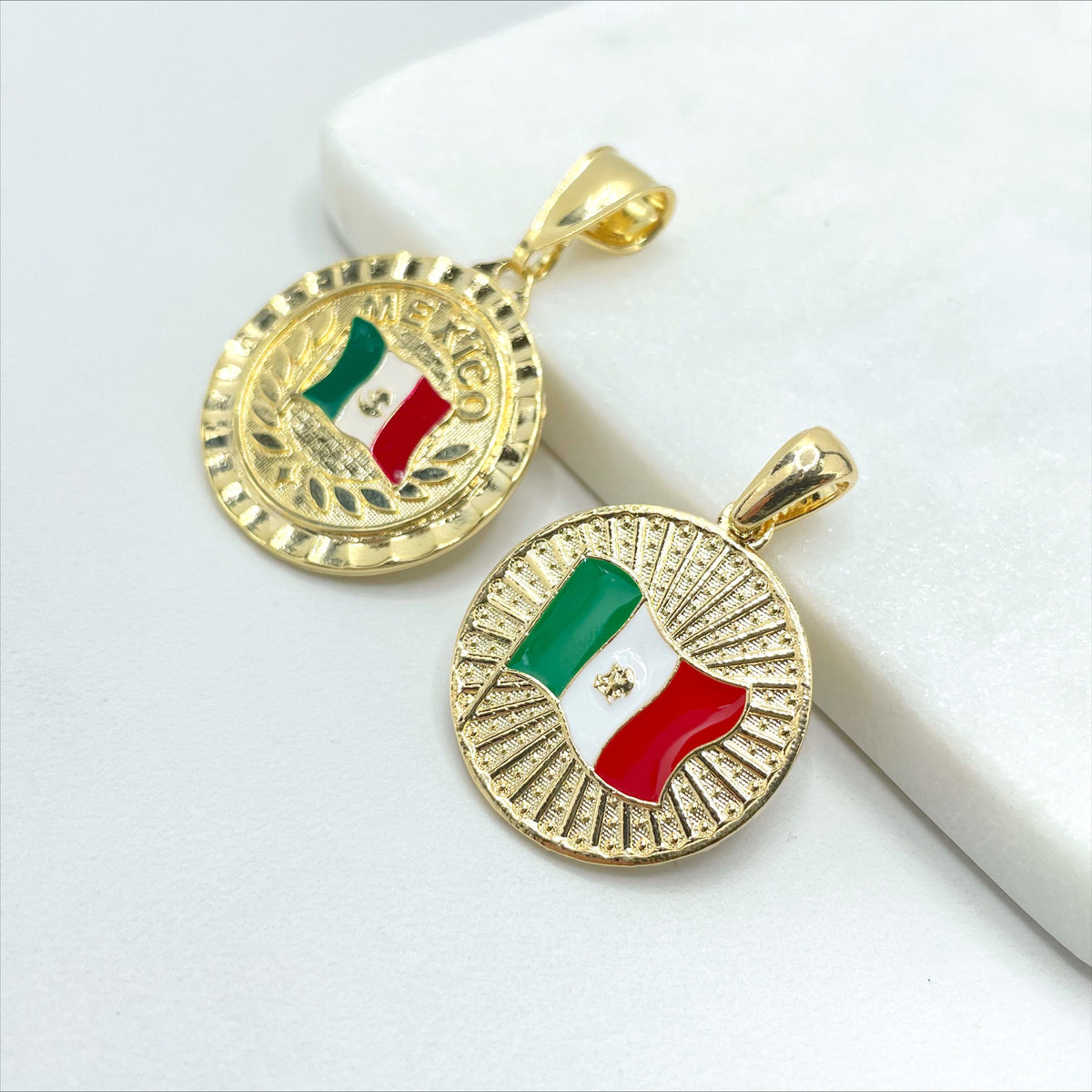18k Gold Filled Texturized Mexico Flag Colored Medal Pendant Charms, Only Flag or Flag with Name, Wholesale Jewelry Making Supplies