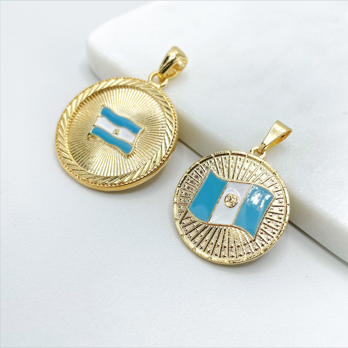 18k Gold Filled Texturized El Salvador or Guatemala Colored Medal Flags, Pendant Charms, Wholesale Jewelry Making Supplies