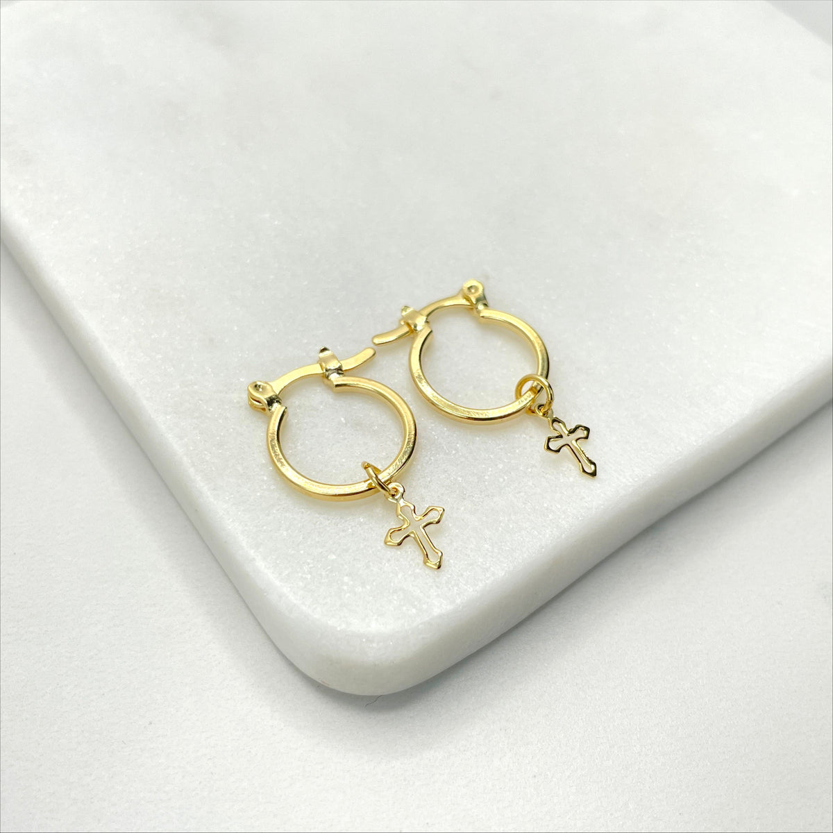 18k Gold Filled 14mm Hoop Earrings with Cutout Cross Charms Wholesale Jewelry Making Supplies