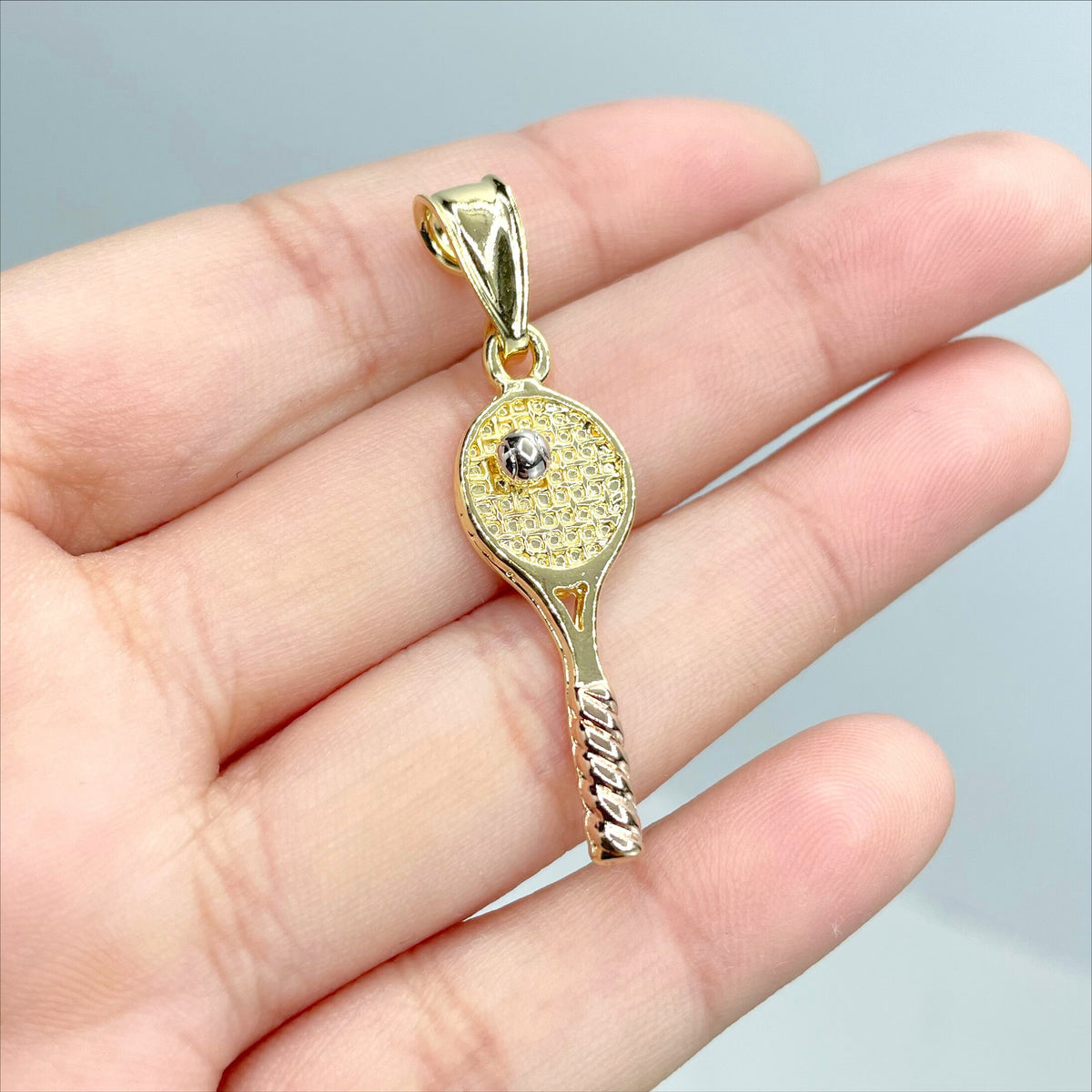 18k Gold Filled Three Tone, Tri-Color Tennis Racquet with Ball Pendant Charms, Sports Jewelry, Wholesale Jewelry Making Supplies