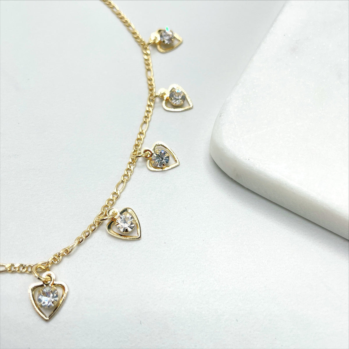 18k Gold Filled 2mm Figaro Chain with Dangles Cubic Zirconia and Delicate Hearts Anklet, Romantic Jewelry, Wholesale Jewelry Making Supplies