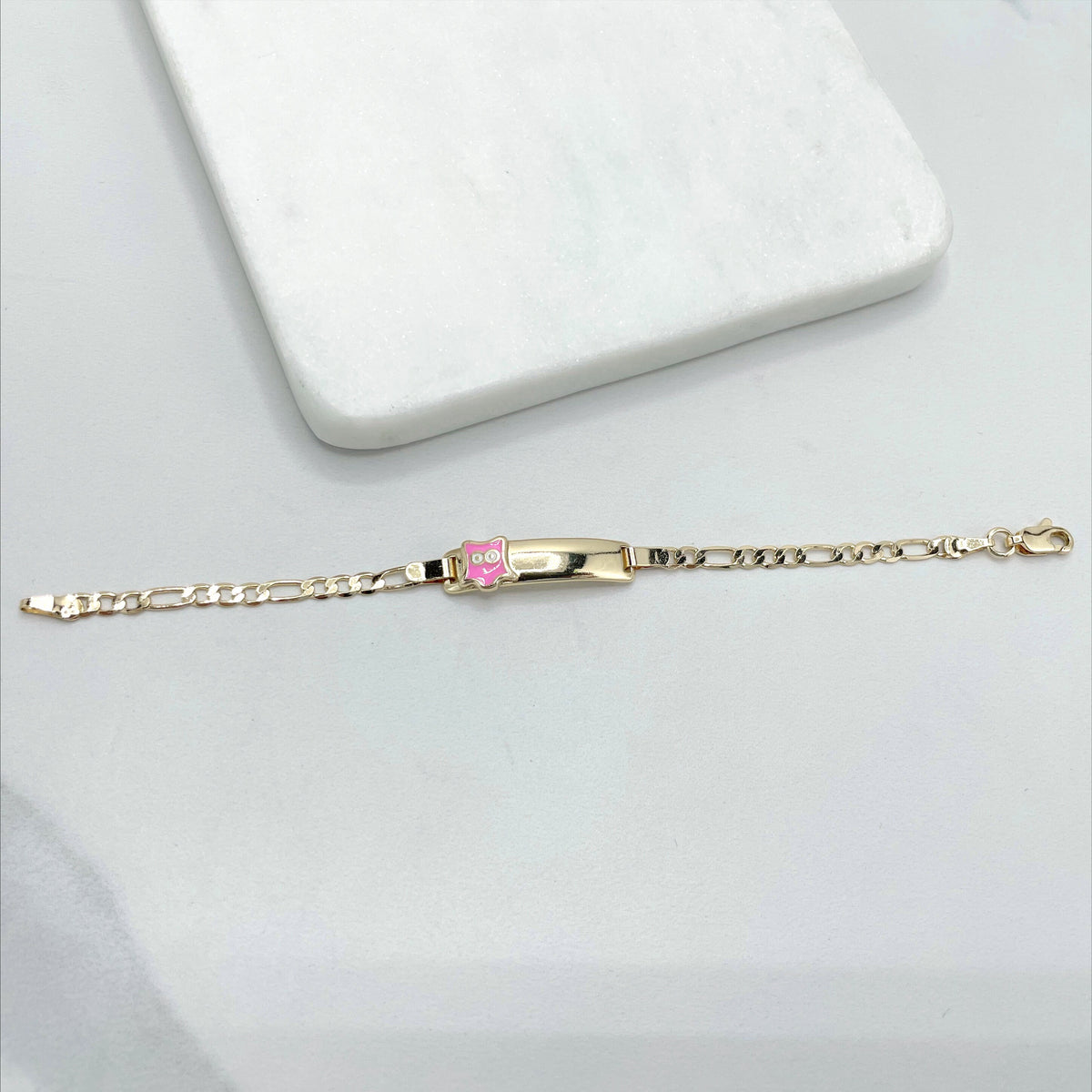 18k Gold Filled 3mm Figaro Link Chain with Cutie Pink Ghost Boo Charm in ID Kids Children Bracelet, Wholesale Jewelry Making Supplies