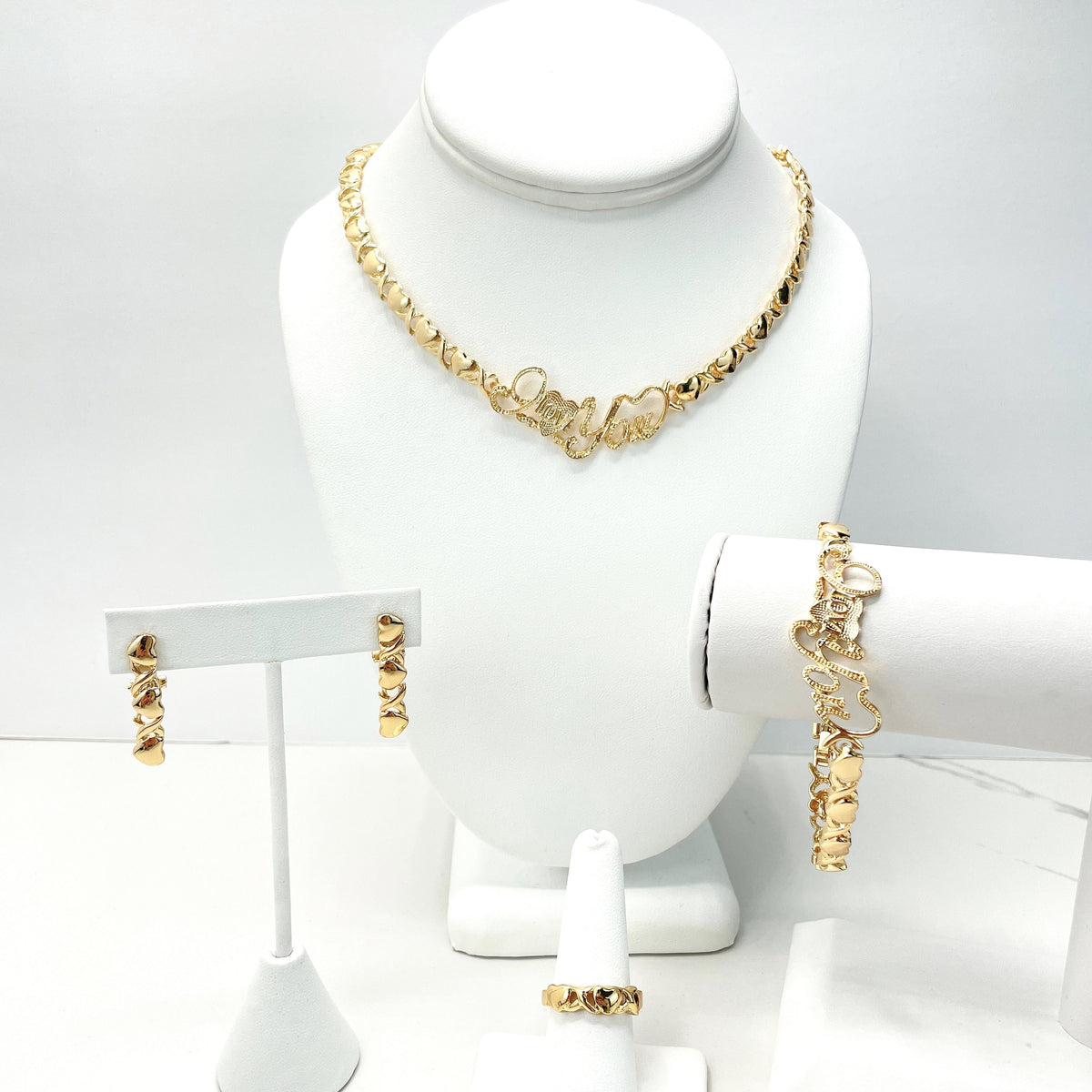 18k Gold Filled " I Love You" in XoXo Hug and Kisses Shape Set, Necklace, Bracelet, Earrings & Ring, 04 Pieces, Wholesale Jewelry Supplies