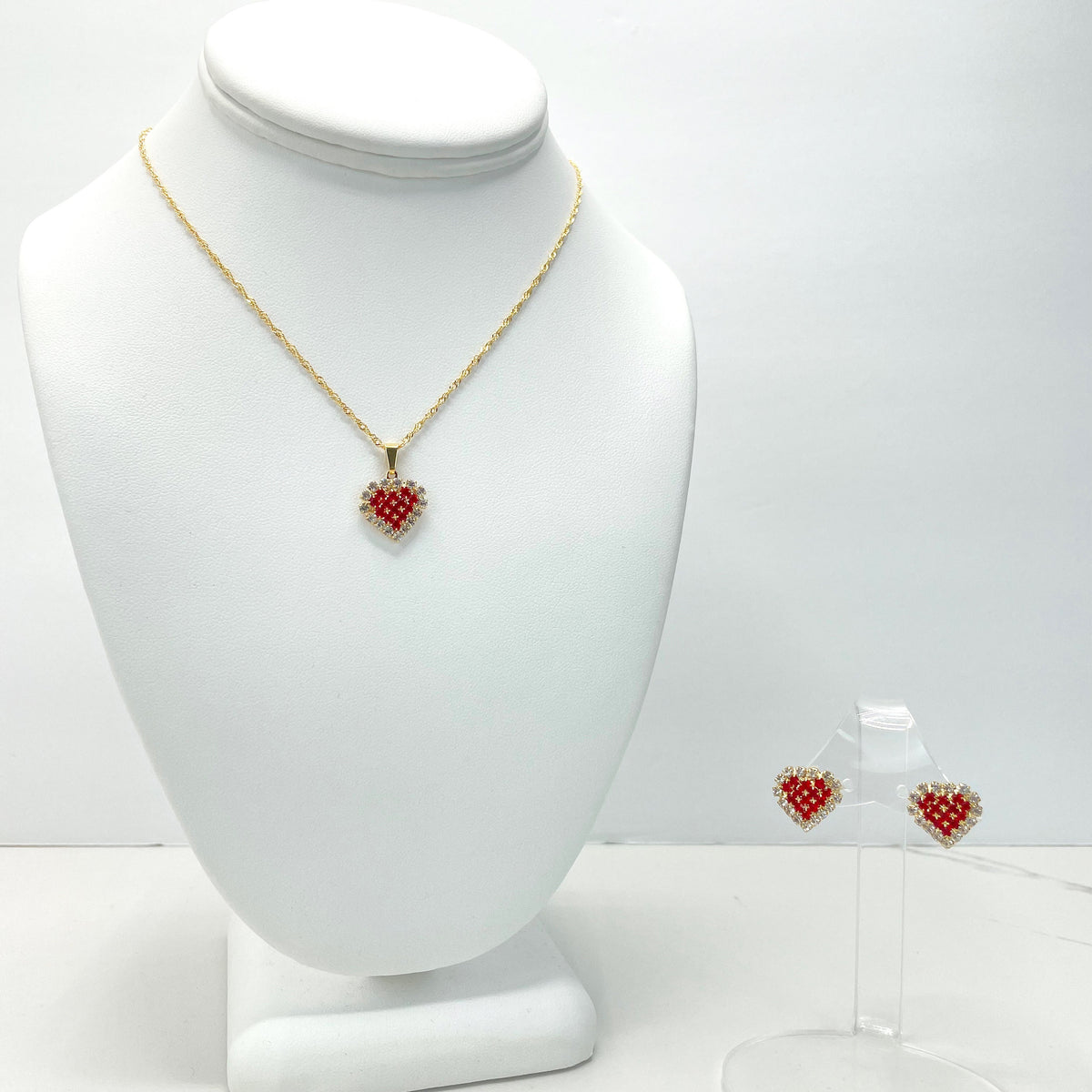 18k Gold Filled 1mm Singapore Chain with Cubic Zirconia White, Red or Black Heart Charms, Necklace and Earrings Set, Wholesale Jewelry