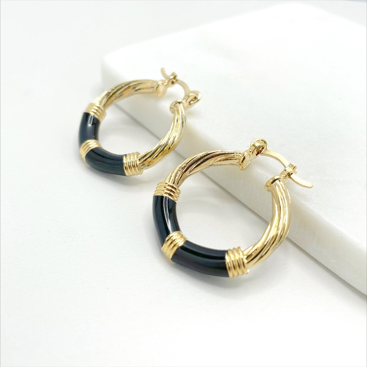 18k Gold Filled 27mm Enamel Black Twisted Hoop Earrings Wholesale Jewelry Making Supplies