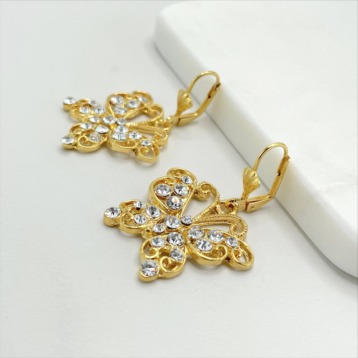 18k Gold Filled Clear Cubic Zirconia Cutout Butterflies Pendant and Earrings Set, Wholesale Jewelry Making Supplies