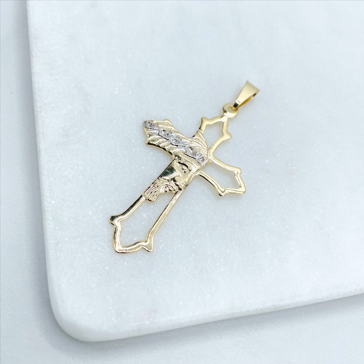 18k Gold Filled Two Tone Cross with Jesus Face Charms Pendants, Catholic Religious Holy Cross, Wholesale Jewelry Making Supplies