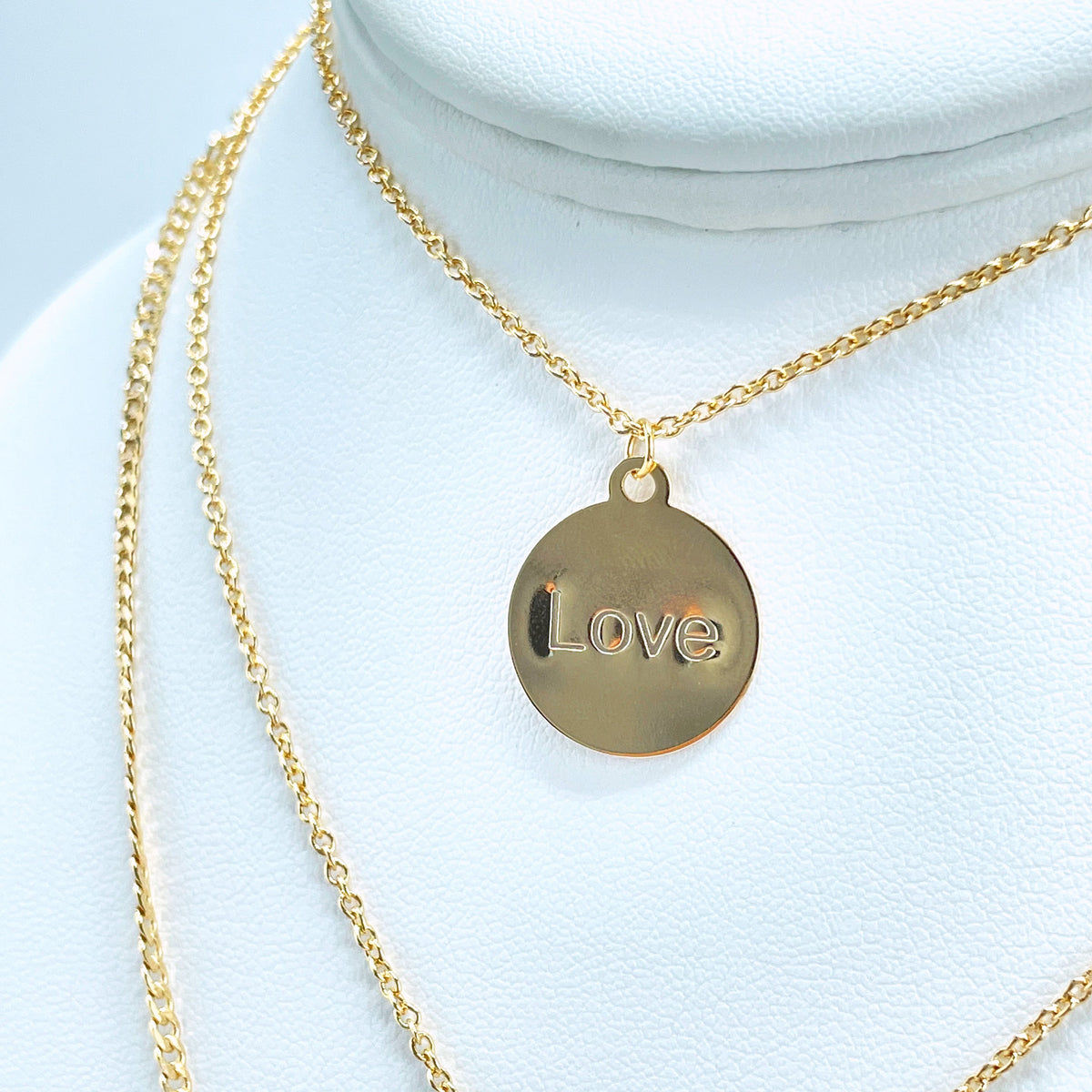 18k Gold Filled 03 Layered Necklace Set, with FÉ (Faith) Heart Shape, AMOR (Love) Board and LOVE Medal Charms, Wholesale Jewelry Supplies