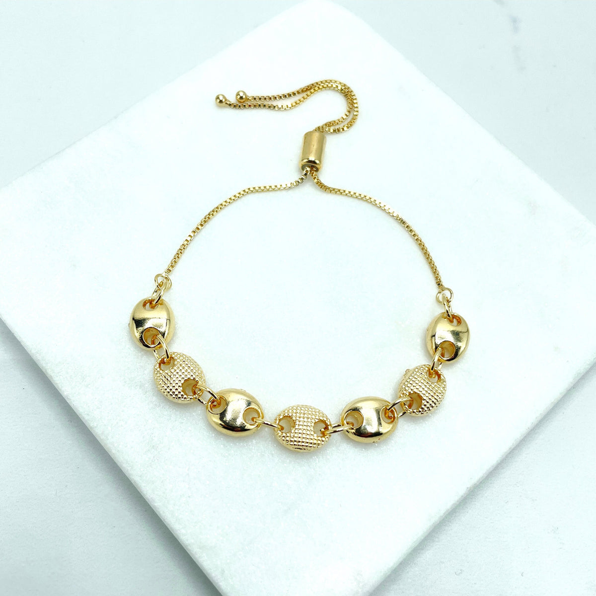 18k Gold Filled 1mm Box Chain with Puffy Mariner Style Charms, Plain and Texturized, Adjustable Bracelet, Wholesale Jewelry Making Supplies