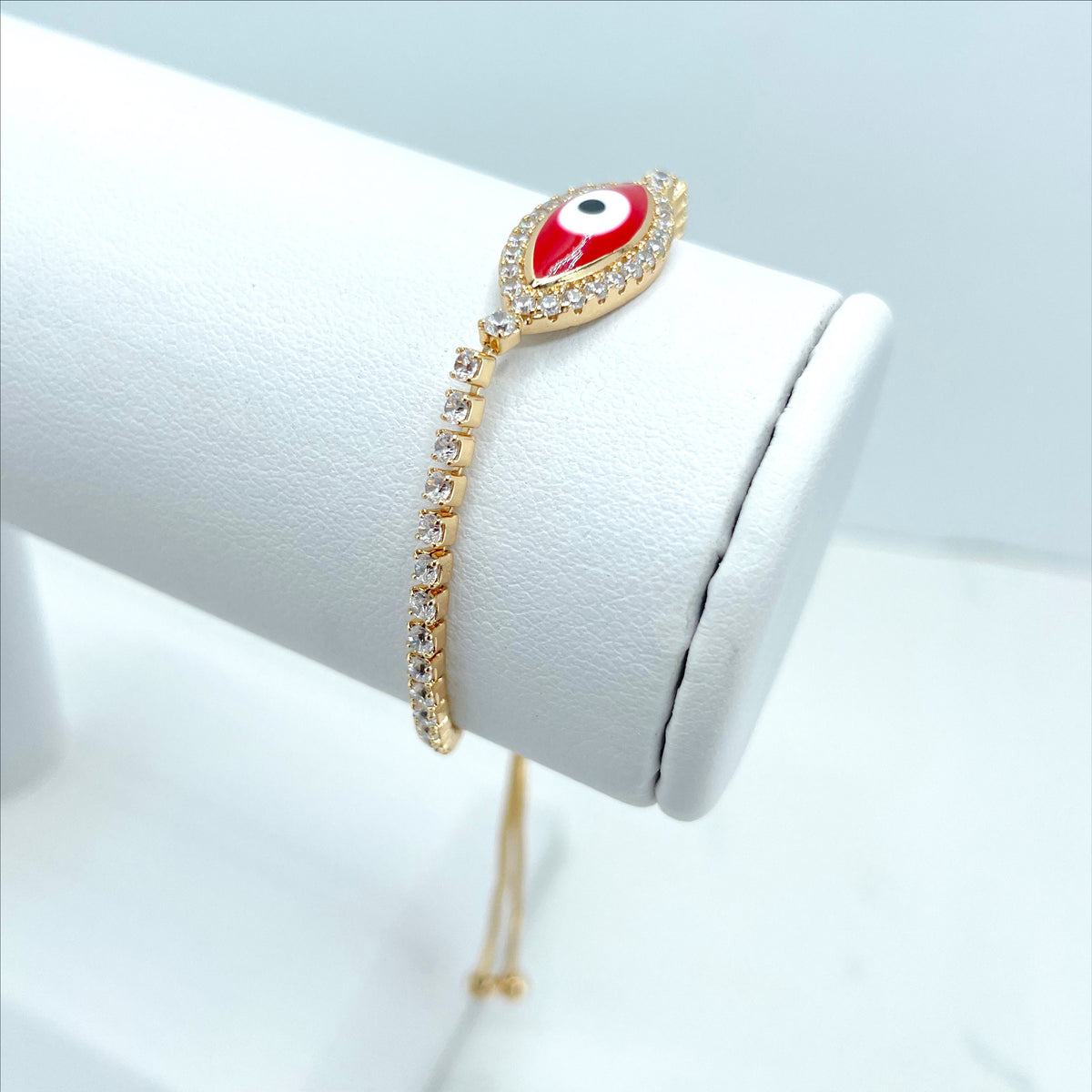 18k Gold Filled 1mm Box Chain, Red Enamel & Cubic Zirconia Evil Eye Shape Charm, Adjustable Bracelet, Wholesale Jewelry Making Supplies