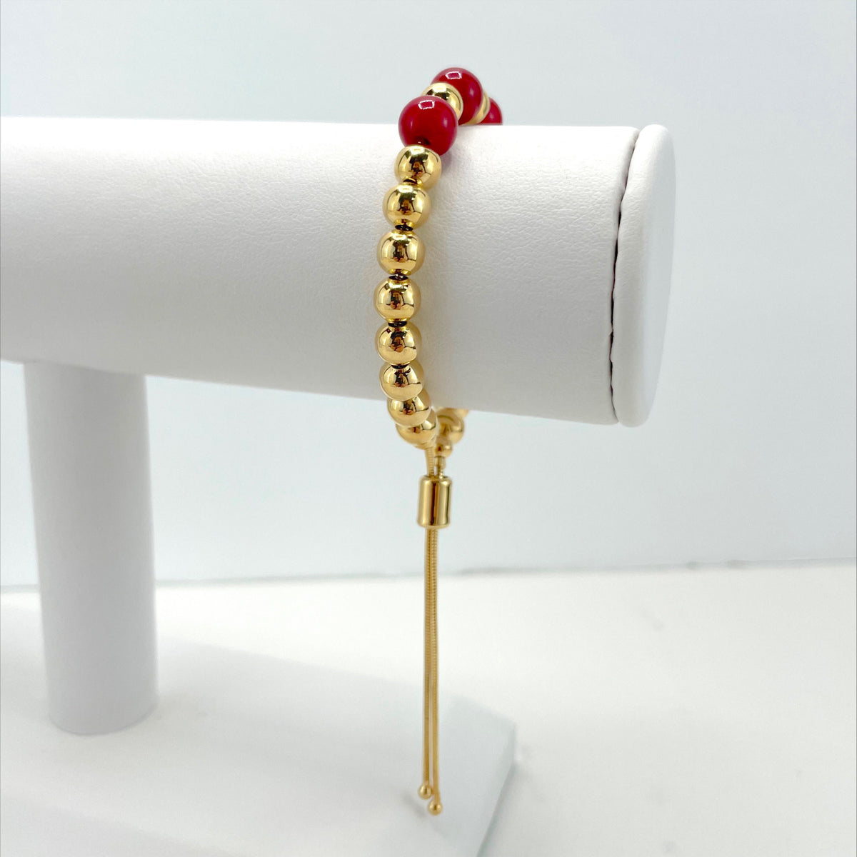18k Gold Filled 1mm Box Chain Bracelet Adjustable Slide Clasp Featuring Red Ball, Wholesale Jewelry Making Supplies