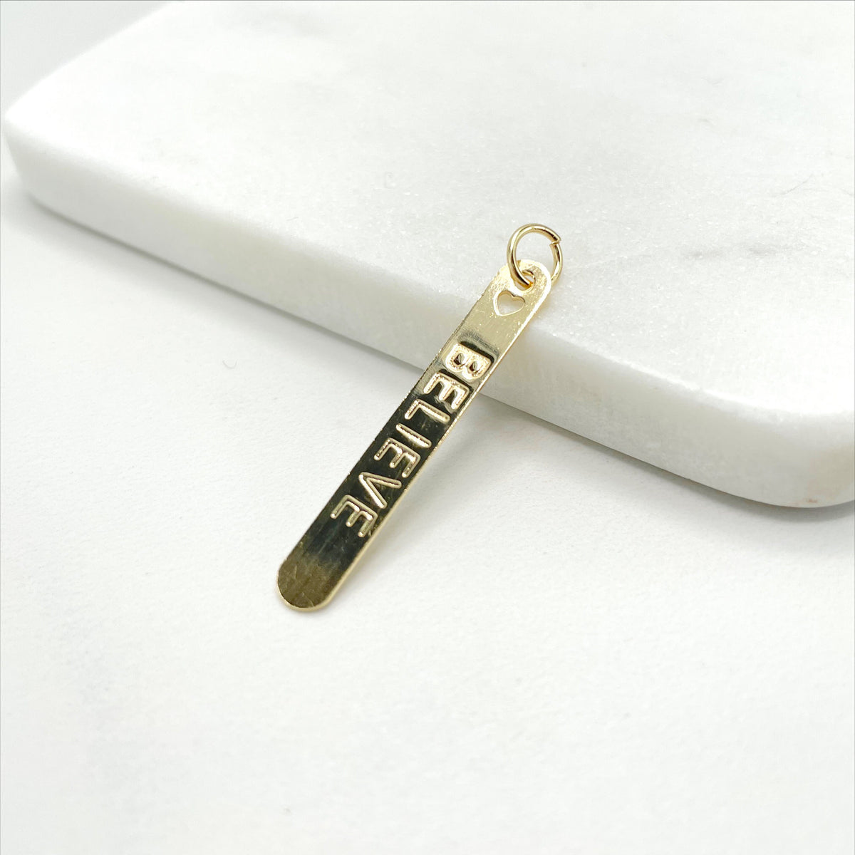 18k Gold Filled "Believe" Description Rectangular Board, Heart Hole Detail, Pendant Charms, Wholesale Jewelry Making Supplies