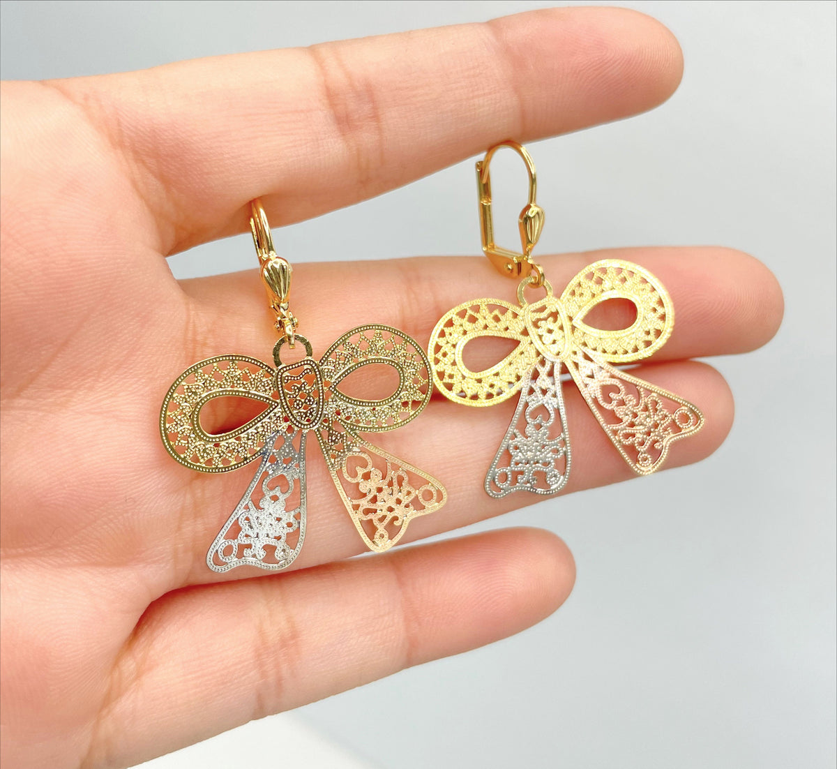 18k Gold Filled Filigree Three Tone Bow Ribbon Shape Earrings, Cutie Vintage Romantic Earrings, Wholesale Jewelry Making Supplies