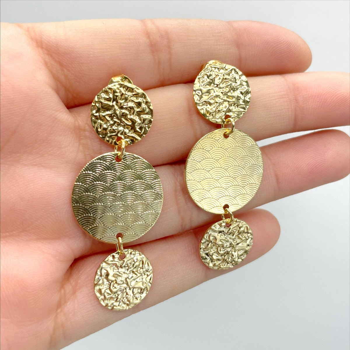 18k Gold Filled Texturized Three Circles Dangle Earrings, Very Light, Push Back Closure, Wholesale Jewelry Making Supplies