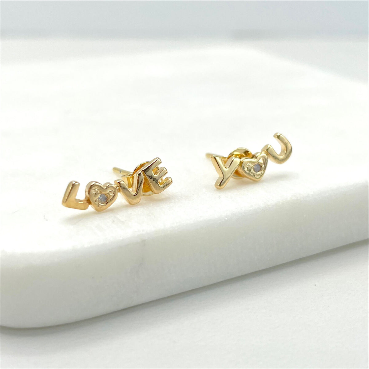 18k Gold Filled ''Love You'' Word Stud Earrings with Cubic Zirconia, Wholesale Jewelry Making Supplies
