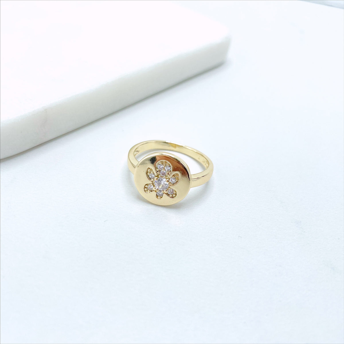 18k Gold Filled Clear Micro Cubic Zirconia in Flower Shape Design Ring with Green, Orange or Clear CZ, Wholesale Jewelry Making Supplies